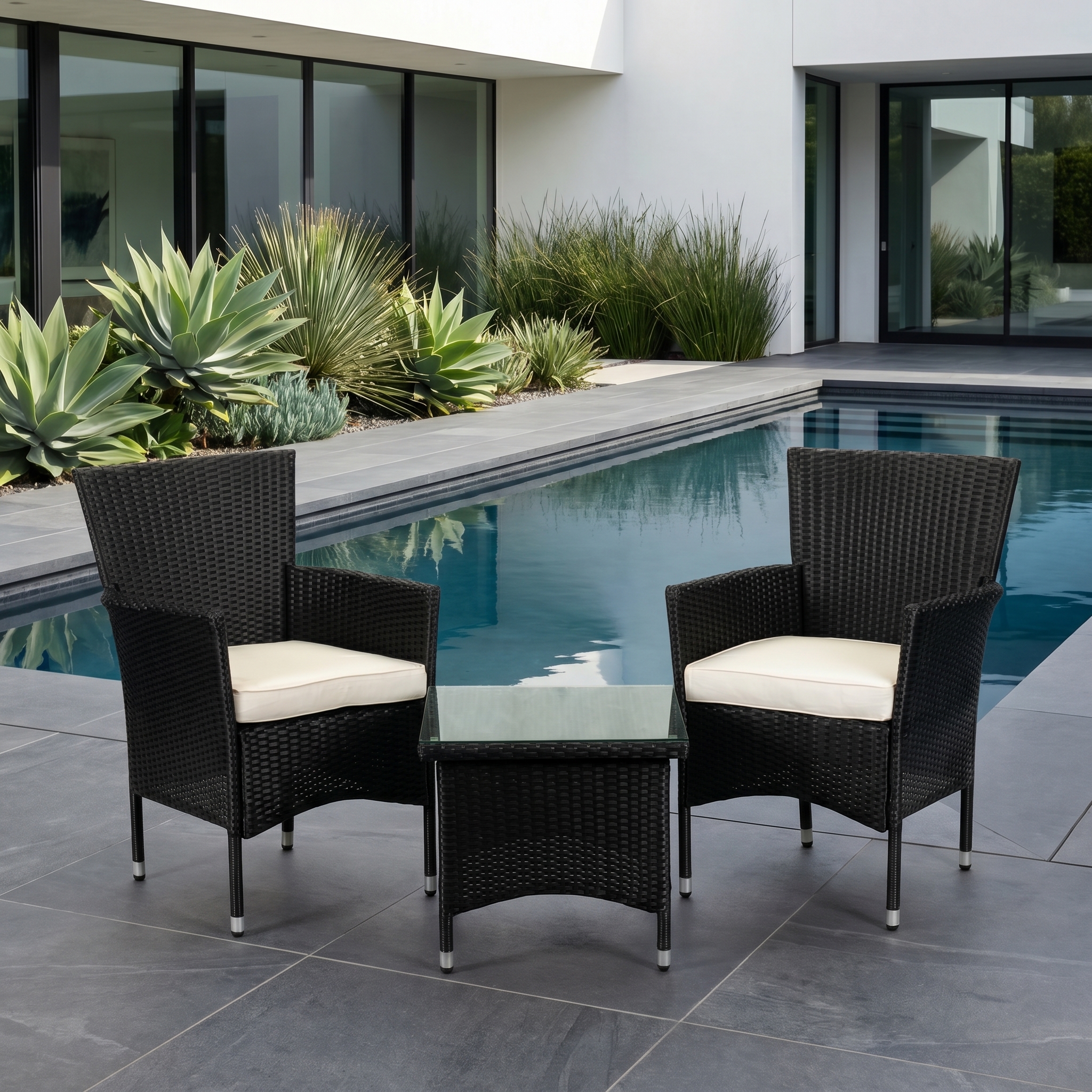 IN2OUT 3-Piece Black Wicker Patio Bistro Set with Cushions and Tempered Glass Table, Rattan Conversation Set