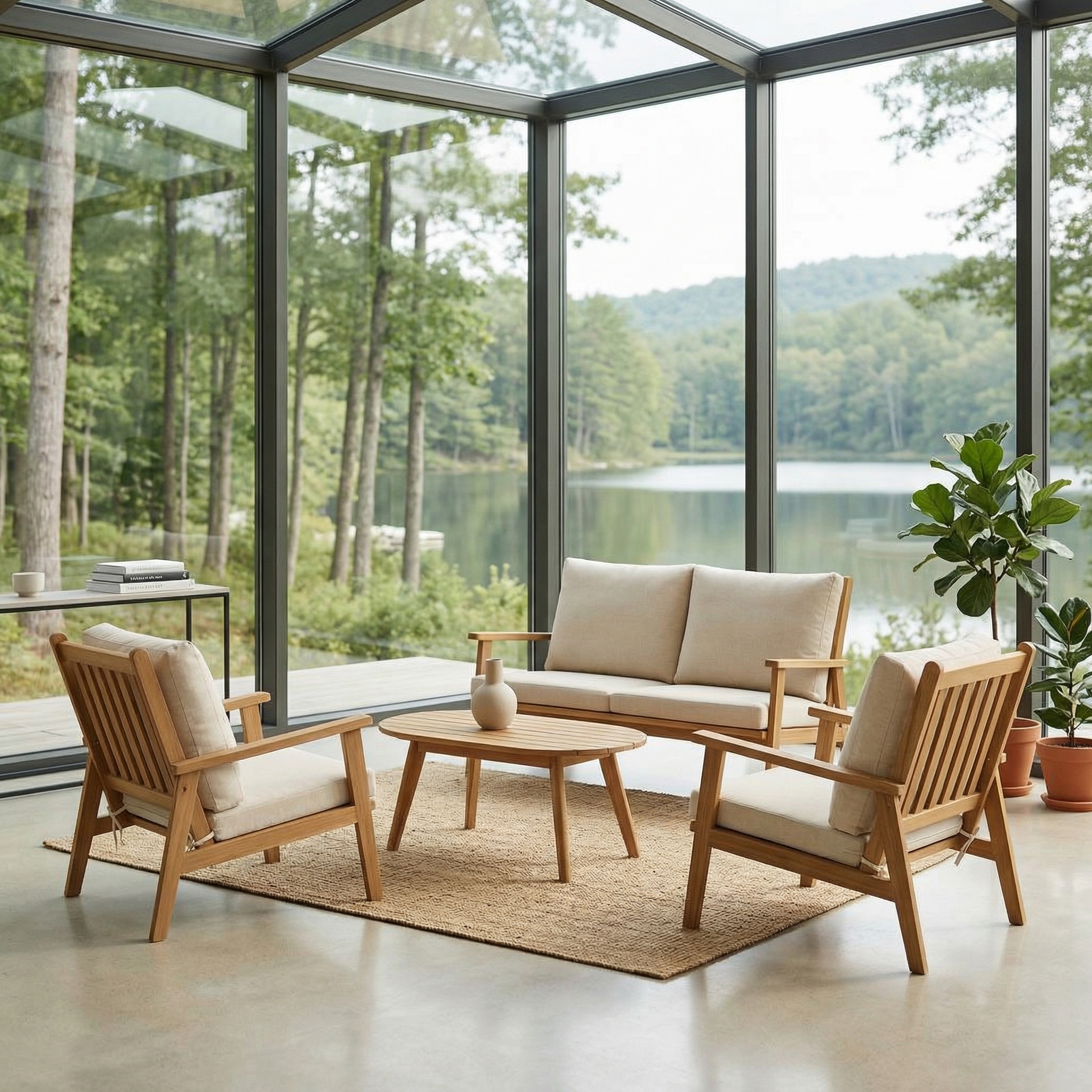  4-Piece Acacia Wood Patio Conversation Set with Cushions, Outdoor Loveseat, 2 Lounge Chairs & Coffee Table